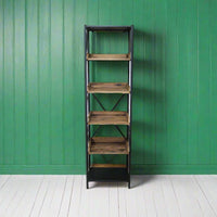 Tall black iron &amp; reclaimed wood shelving storage unit.