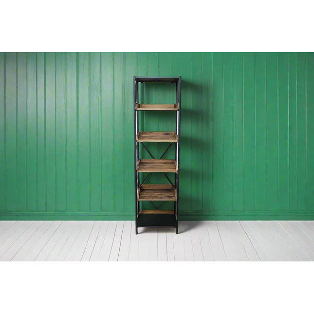 Tall slim black iron & wood display shelf unit