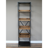 Tall slim black iron & wood display shelf unit