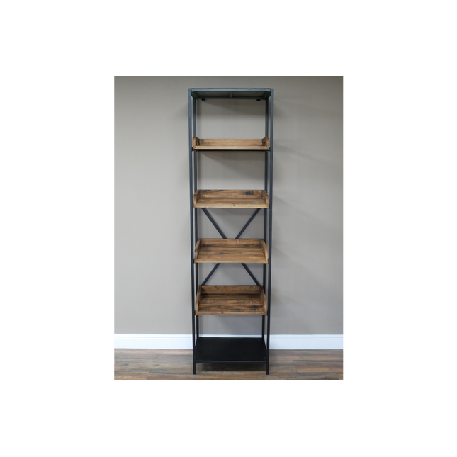 Tall slim black iron & wood display shelf unit