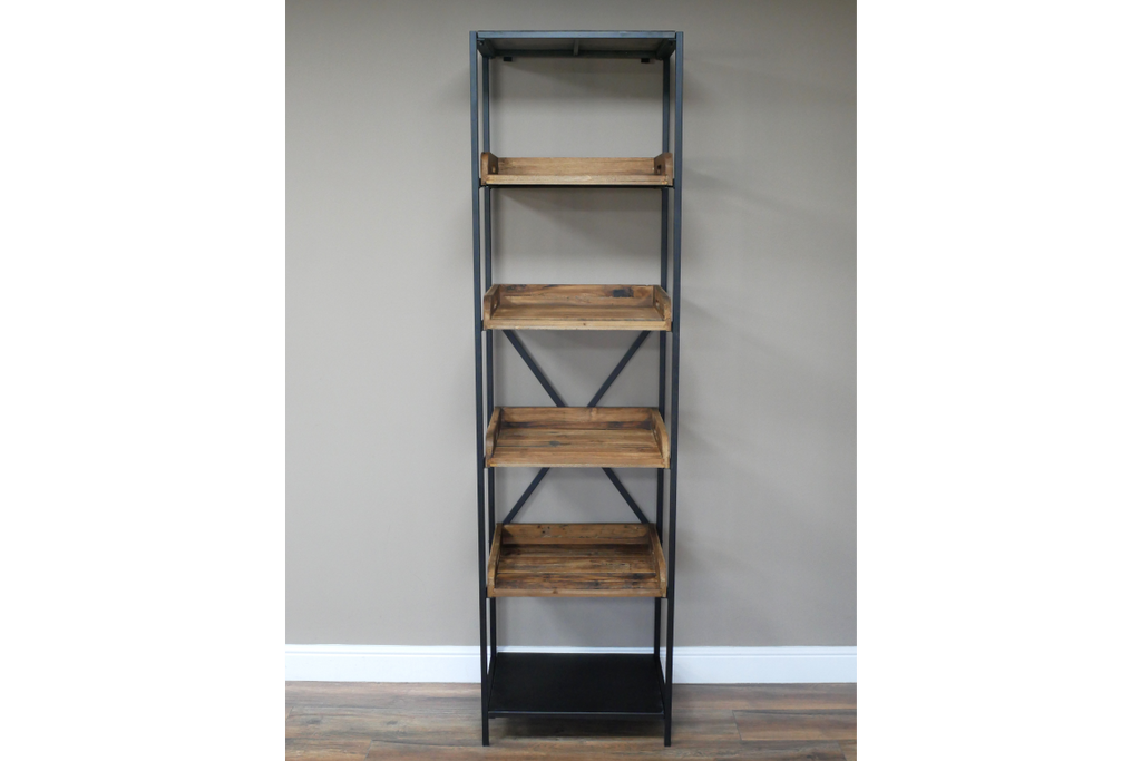 Tall slim black iron & rustic wood open display shelves