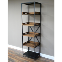 Tall slim black iron & wood display shelf unit