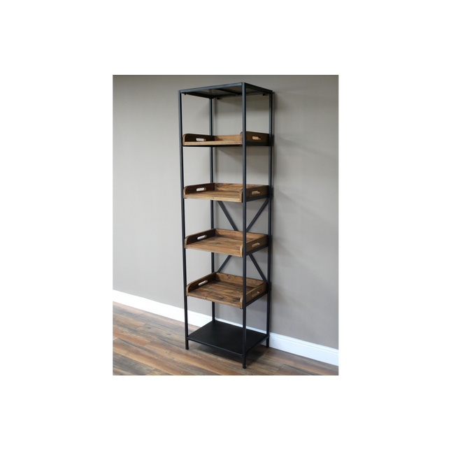 Tall slim black iron & wood display shelf unit