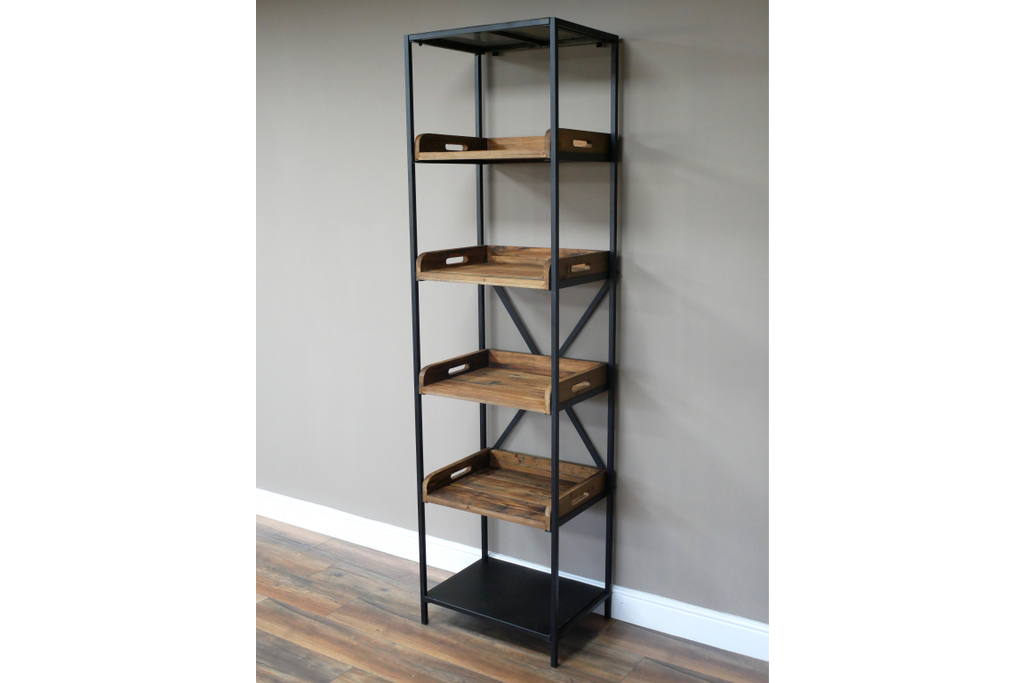 Tall slim black iron & rustic wood open display shelves