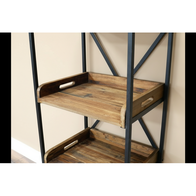 Tall slim black iron & wood display shelf unit