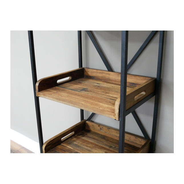 Tall slim black iron & wood display shelf unit