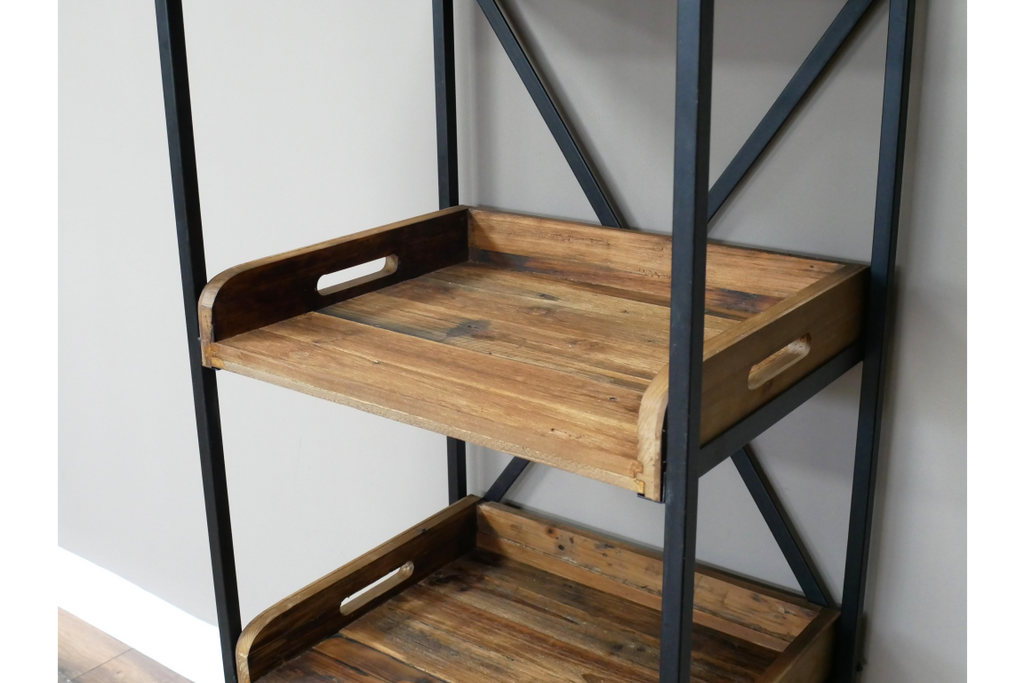Tall slim black iron & rustic wood open display shelves