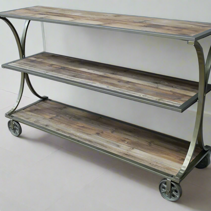 Wide rustic 3 tier display shelves trolley on wheels