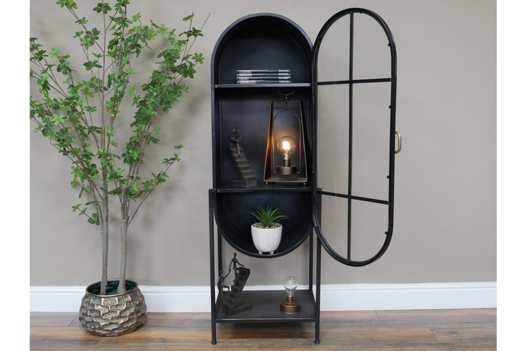 Oval black metal tall slim glass display cabinet