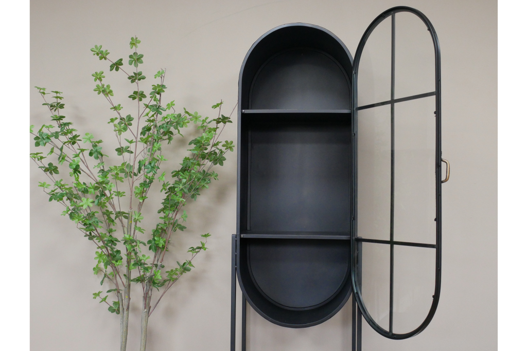 Large oval black metal tall slim glass display cabinet