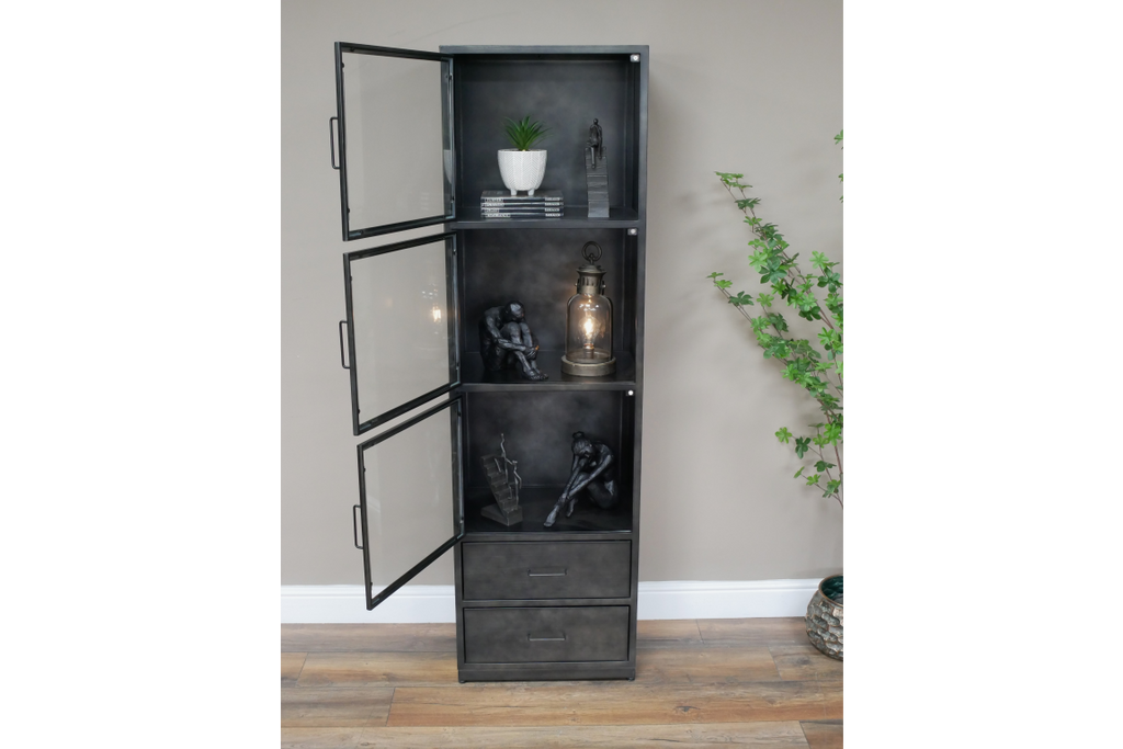 Tall slim glass fronted black metal display cabinet.