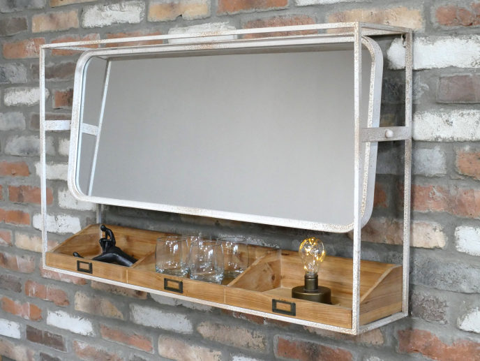 Wide white metal & wood wall mirror shelf unit