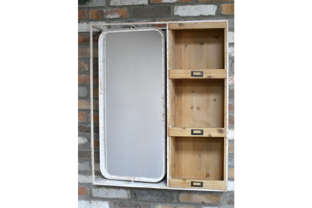 Tall white metal & wood wall mirror shelf unit