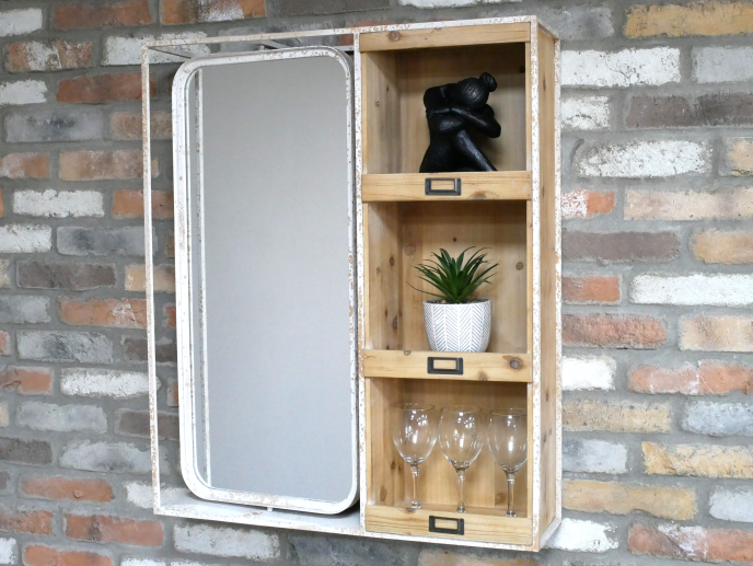 Tall white metal & wood wall mirror shelf unit