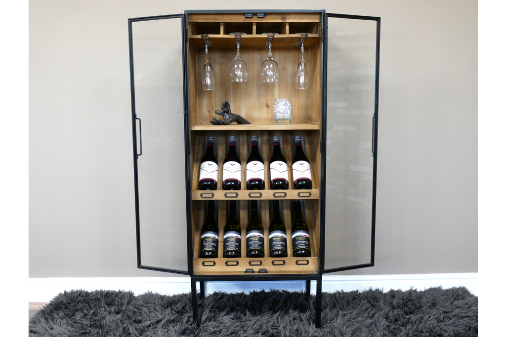 Tall slim black metal & rustic wood wine storage cabinet