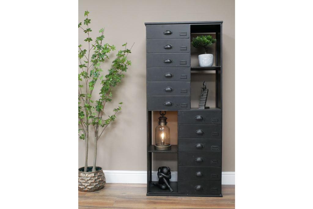 Tall black metal multi drawer storage display cabinet