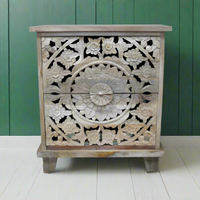 natural carved wood 2 drawer bedside cabinets