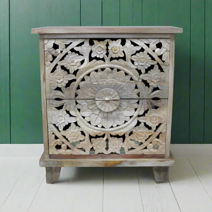 Pair of natural carved wood 2 drawer bedside cabinets