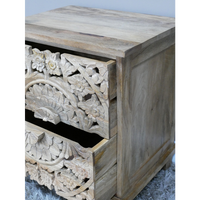 natural carved wood 2 drawer bedside cabinets