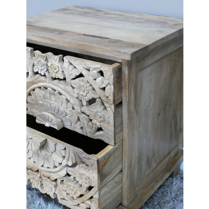 Pair of natural carved wood 2 drawer bedside cabinets
