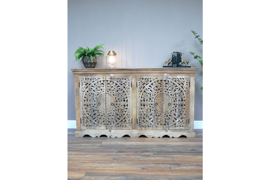4 door hand carved ornate solid wood storage cabinet - sideboard