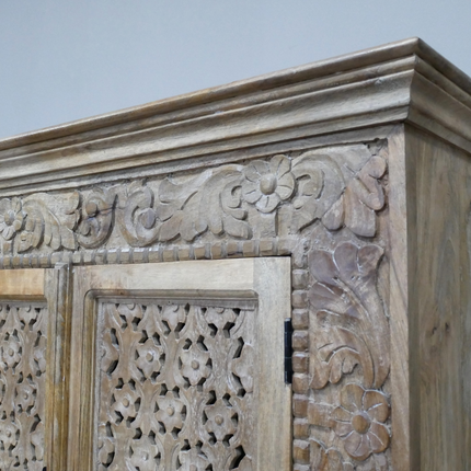 Large artisan carved 4 door ornate wood storage cabinet