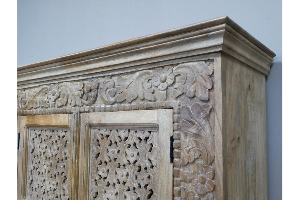 Large artisan hand carved 4 door ornate solid wood storage cabinet - sideboard - Back in stock May