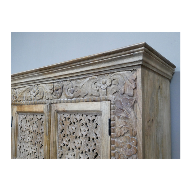 Large artisan carved 4 door ornate wood storage cabinet