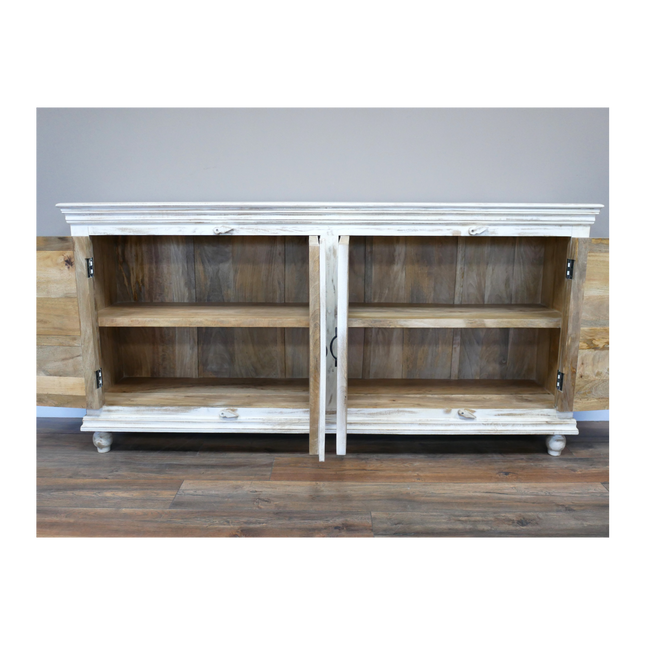 6ft wide carved white wood ornate storage cabinet