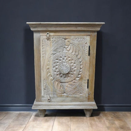 Natural wood ornate carved wood side cabinet