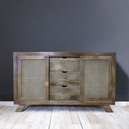 Acacia wood & rattan 3 drawer storage cabinet