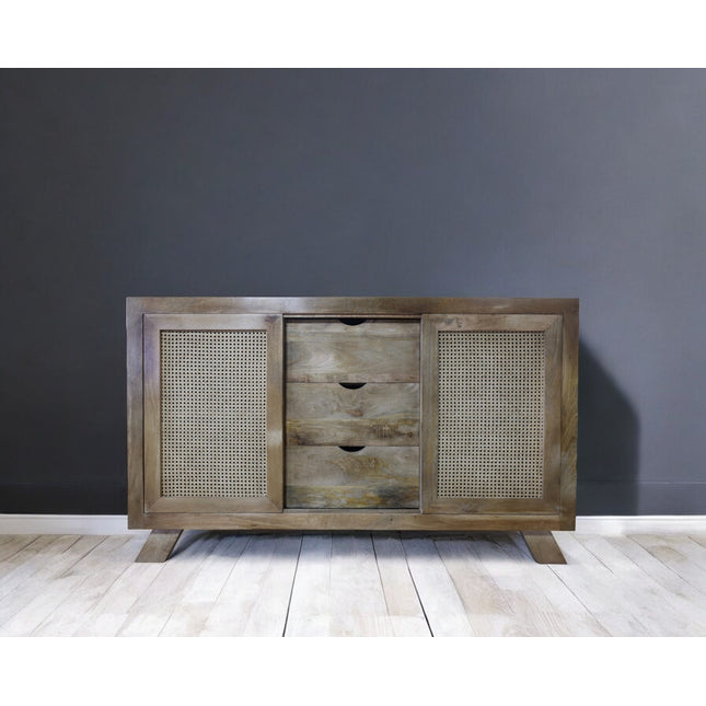 Acacia wood & rattan 3 drawer storage cabinet