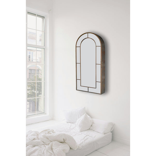 Tall mirrored arched copper wall storage cabinet.