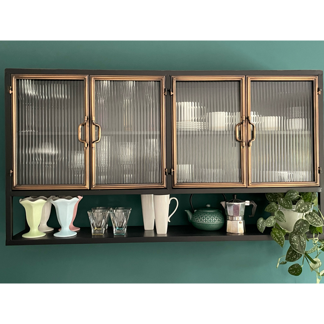 Black metal wide wall storage cabinet with ribbed glass double doors