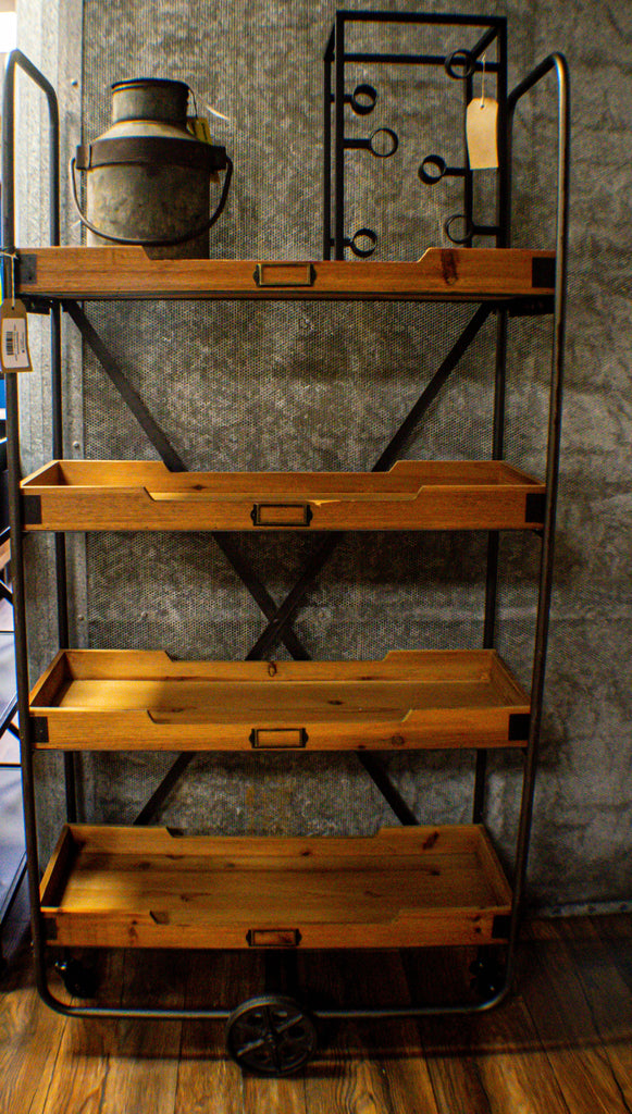 Tall metal & rustic wood baker shelving storage & display cabinet