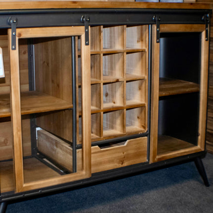 Glass fronted rustic wood & metal drinks sideboard cabinet