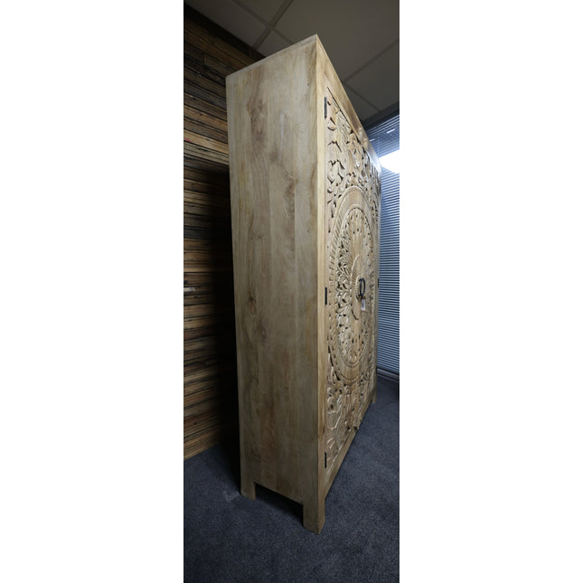 6ft tall ornate carved natural wood armoire storage cupboard