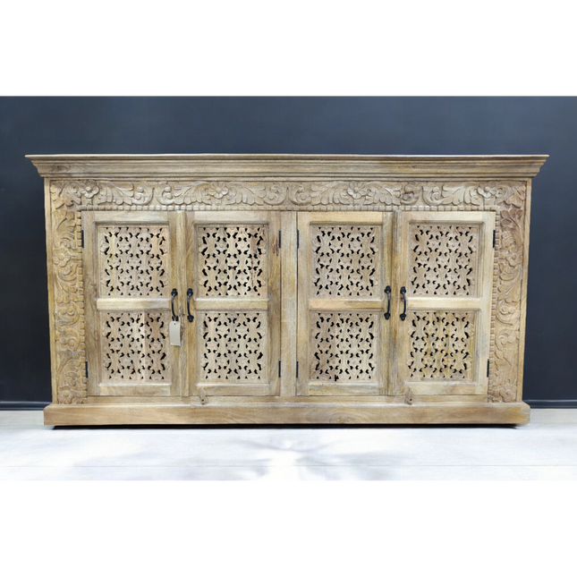 Large artisan carved 4 door ornate wood storage cabinet