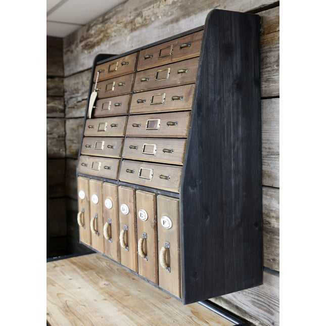 Rustic wood wall apothecary 18 drawer storage cabinet