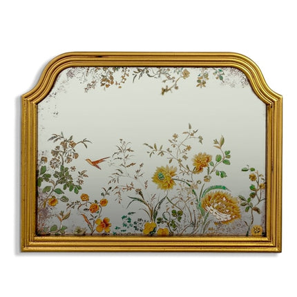Gold overmantle mirror with botanical painted glass and ornate gold frame - Elderflower Lane