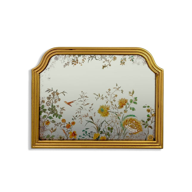 Gold overmantle mirror with botanical painted glass and ornate gold frame - Elderflower Lane