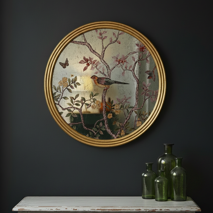 Gold round botanical bird wall mirror - 73cm Diameter