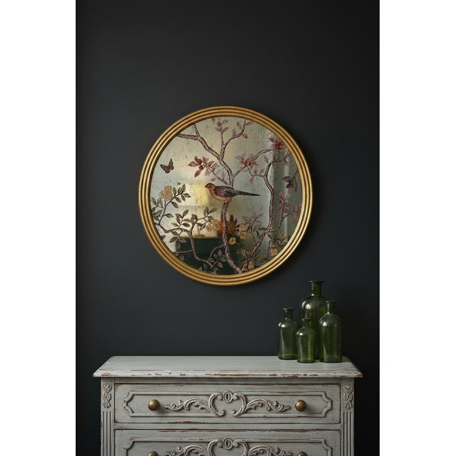 Gold round botanical bird wall mirror - 73cm Diameter