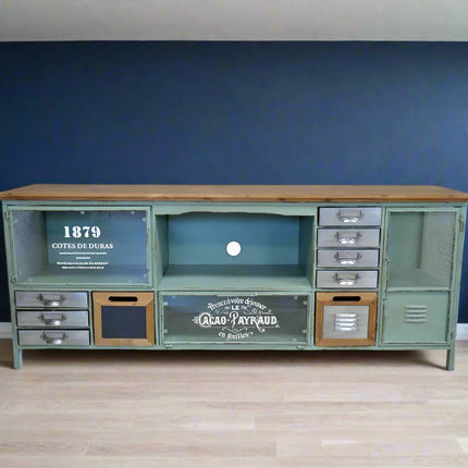 Green metal & wood storage tv media stand