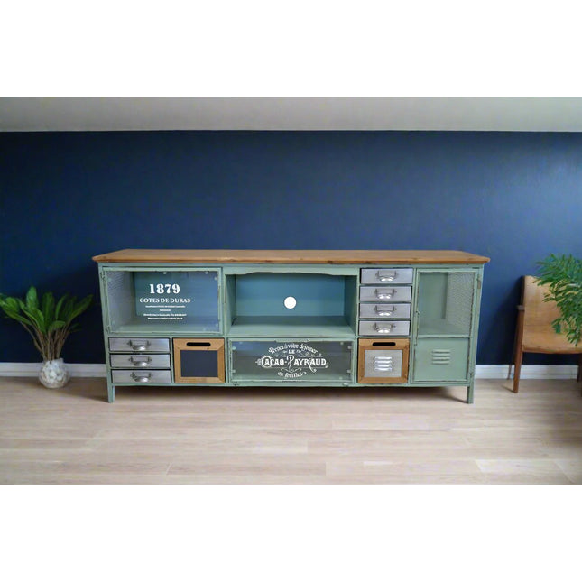 Green metal & wood storage tv media stand