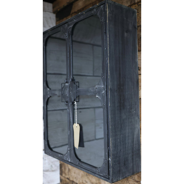 Black metal wall storage cabinet with double glass doors