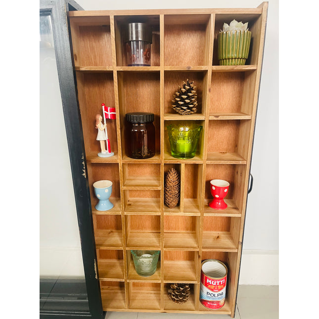 Black rustic wood multi compartment wall display cabinet