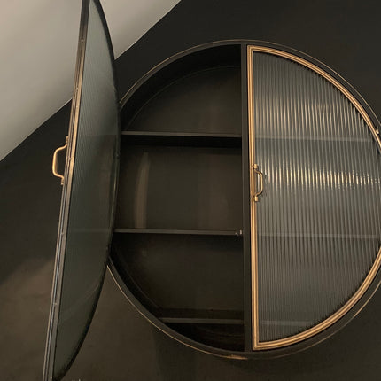 Big round black metal wall cabinet with ribbed glass double doors