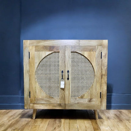 Rustic wood & rattan circle storage cabinet