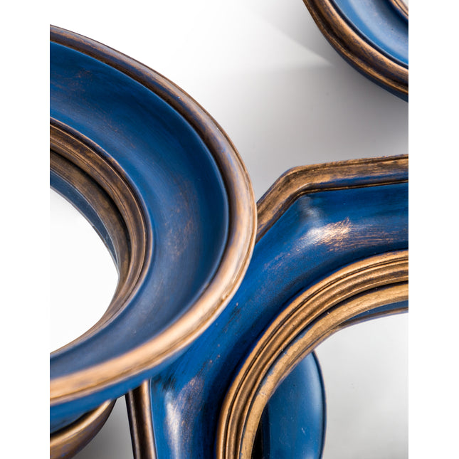 Set of 12 convex blue & gold framed mirrors